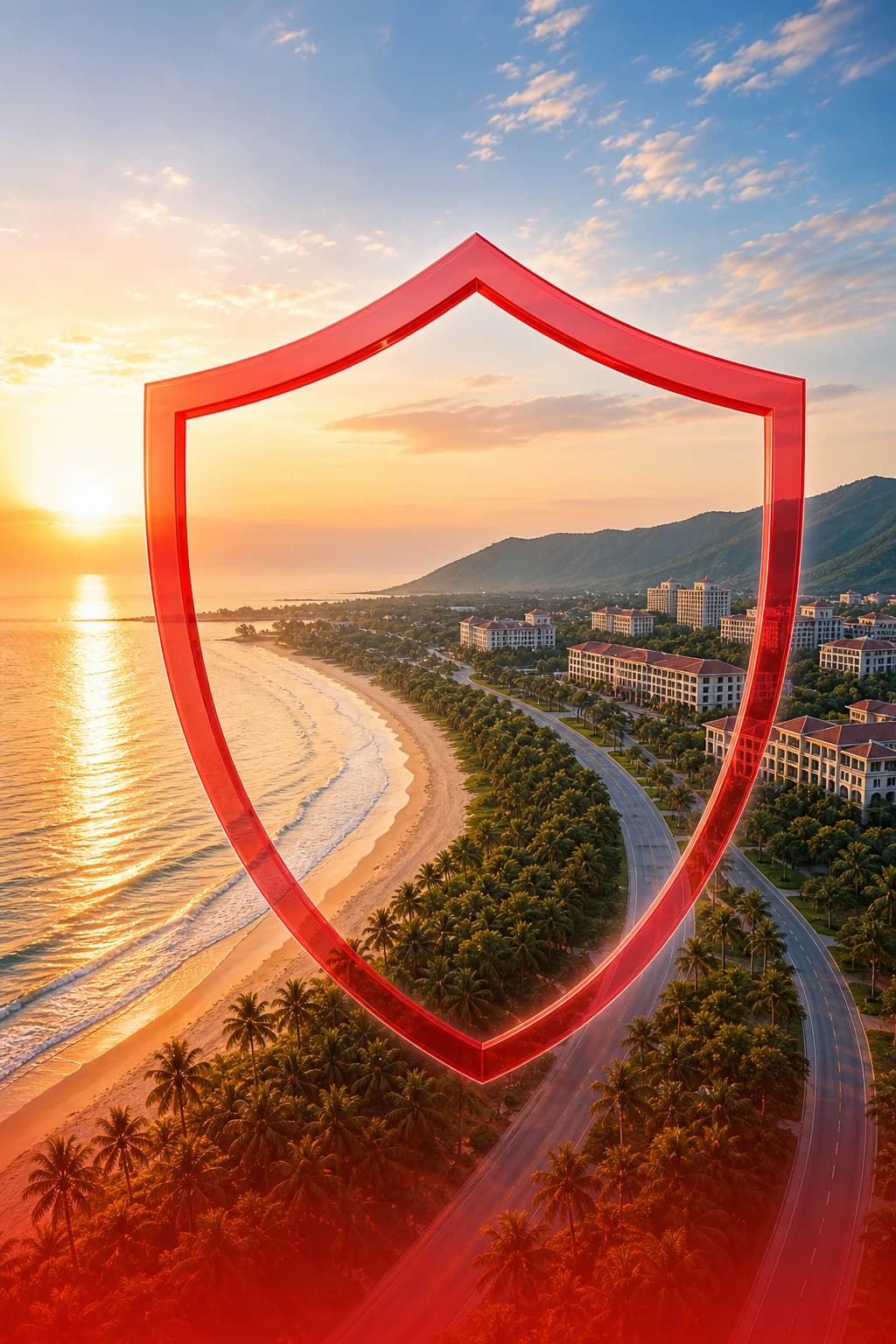 Bờ biển Hồ Tràm Xuyên Mộc với biểu tượng lá chắn bảo hiểm
