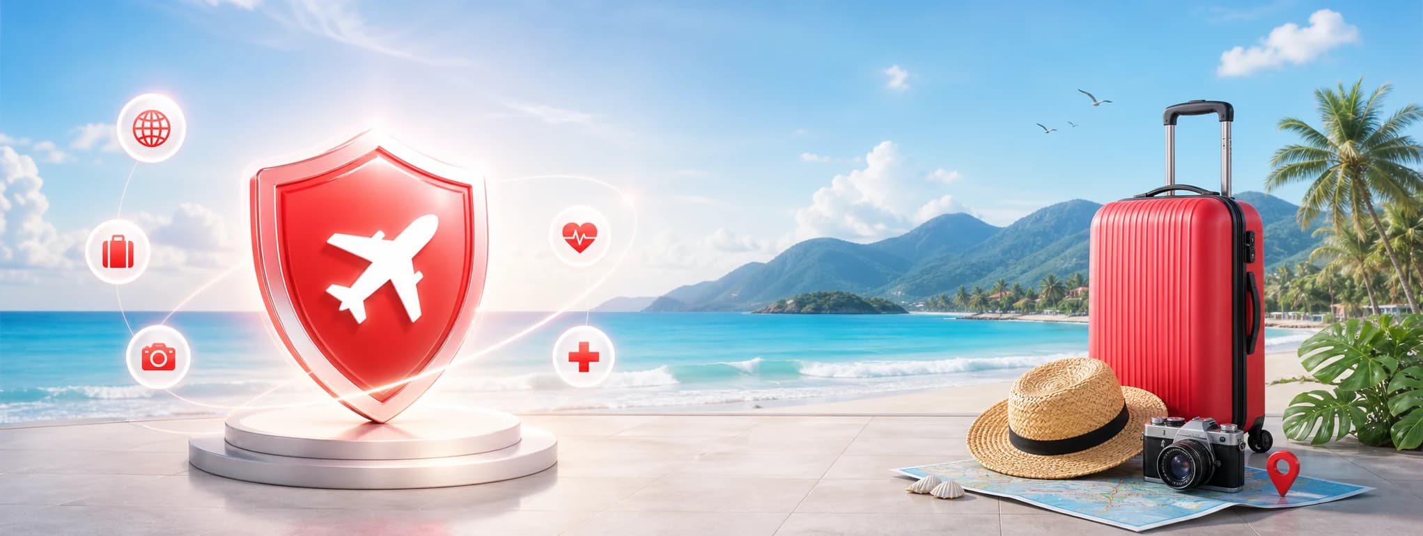 Vali, hộ chiếu và cửa sổ máy bay cho bảo hiểm du lịch