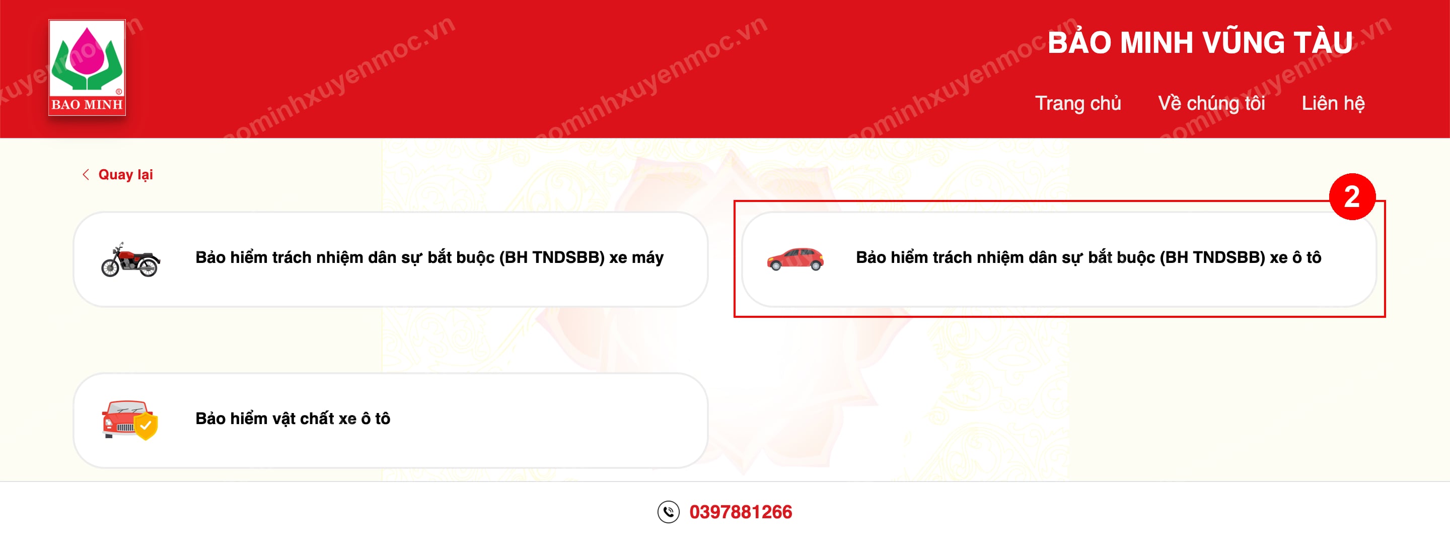 Hình 2. Chọn bảo hiểm TNDS bắt buộc xe ô tô