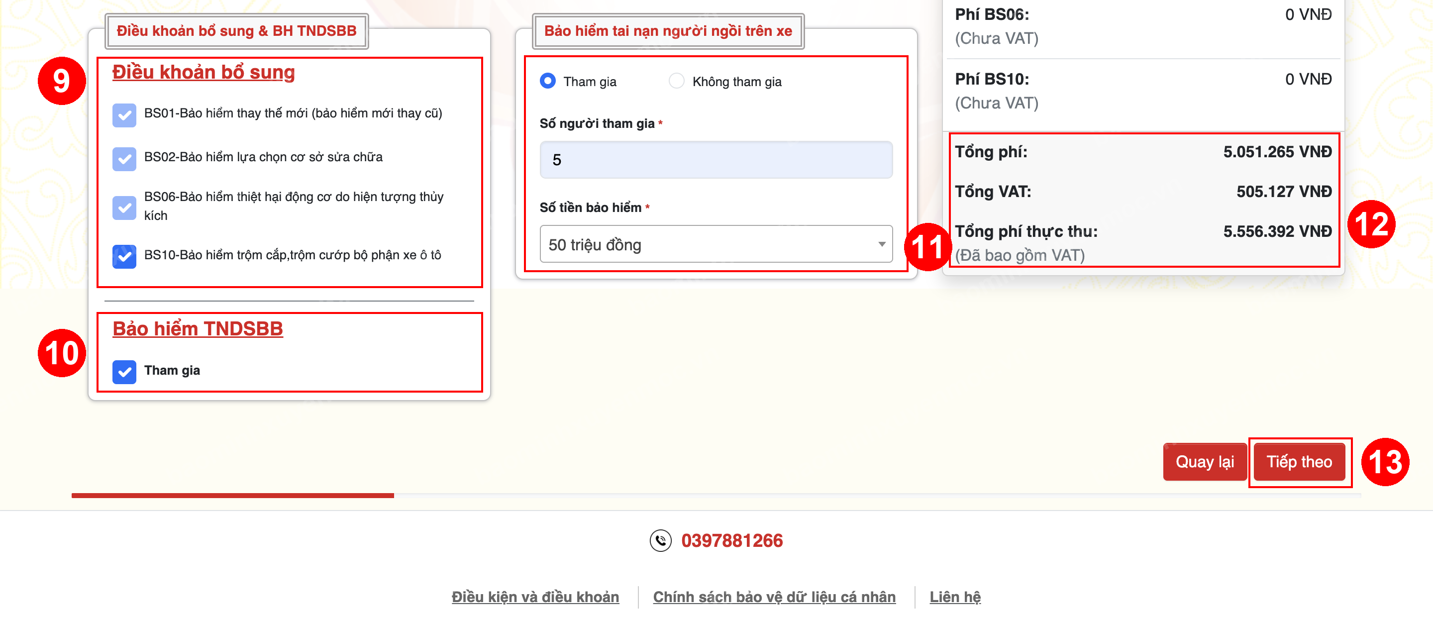 Hình 5. Bảo hiểm bổ sung, tổng phí và tiếp tục