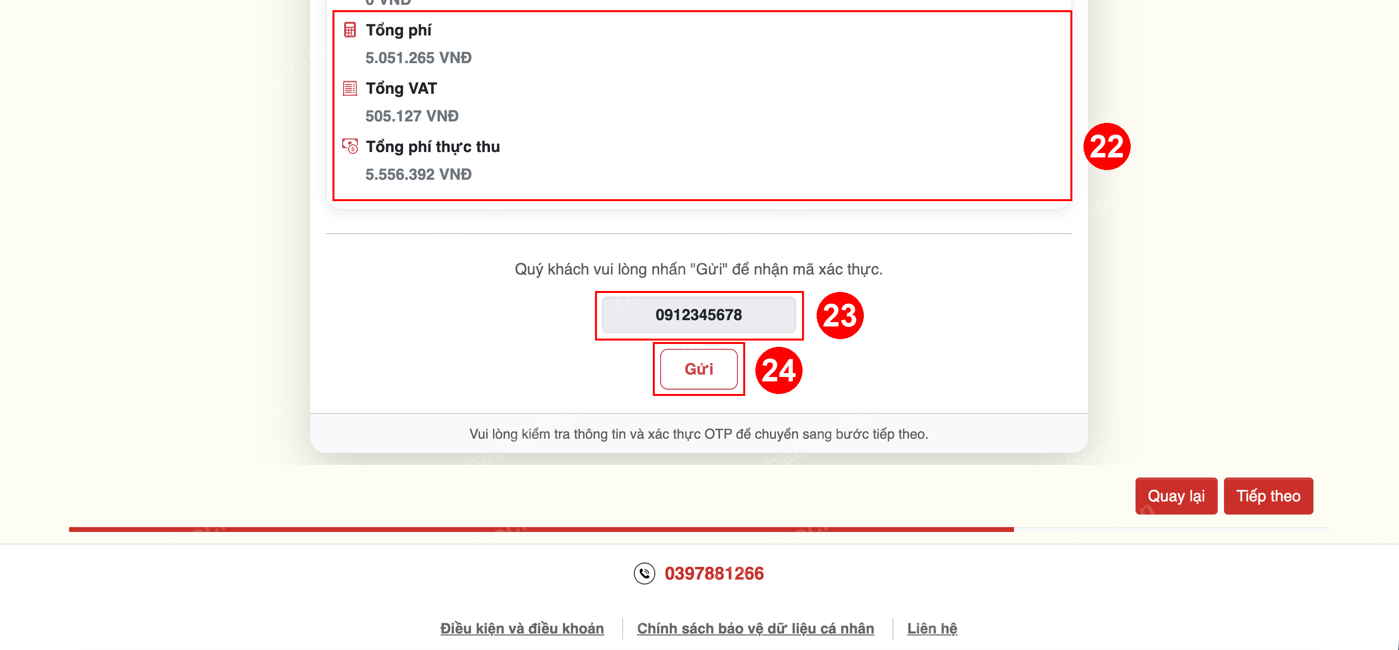Hình 10. Kiểm tra tổng phí và gửi mã OTP