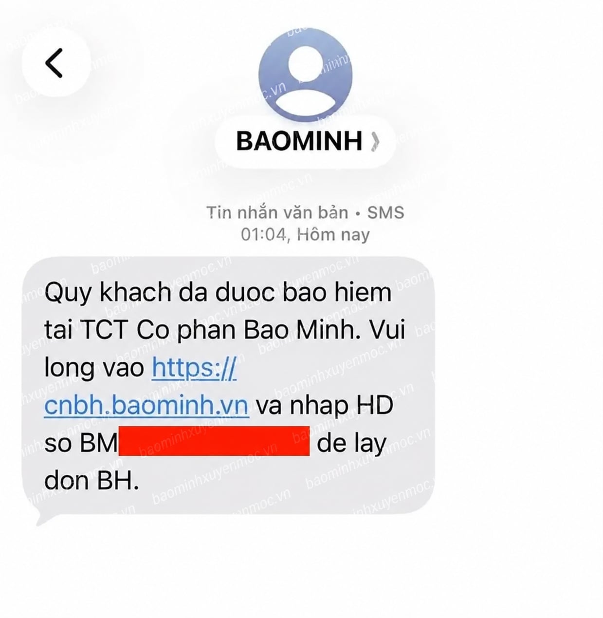 Tin nhắn xác nhận từ Bảo Minh kèm trang tra cứu và số hợp đồng